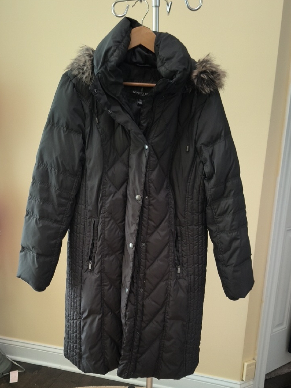 London Fog Olive Quilted Long Puffer Coat with Faux Fur Trim Hood